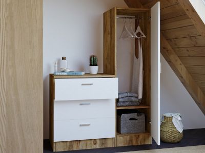Commode 3 tiroirs avec armoire et miroir - Blanc et naturel - VITORIO