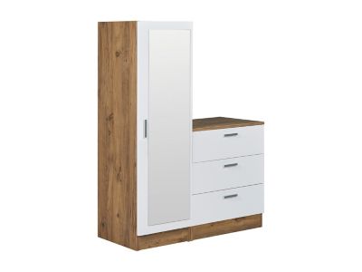 Commode 3 tiroirs avec armoire et miroir - Blanc et naturel - VITORIO