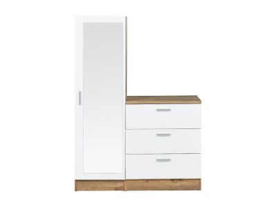 Commode 3 tiroirs avec armoire et miroir - Blanc et naturel - VITORIO