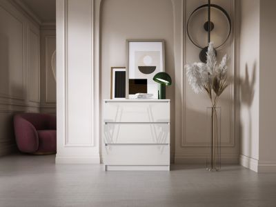 Commode 3 Tiroirs, Blanc Mat / Blanc Brillant, 70 X 39 X 79 Cm