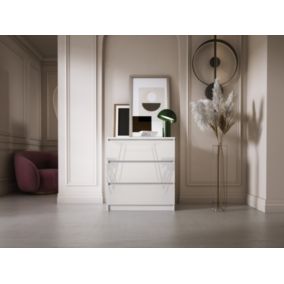 Commode 3 Tiroirs, Blanc Mat / Blanc Brillant, 70 X 39 X 79 Cm