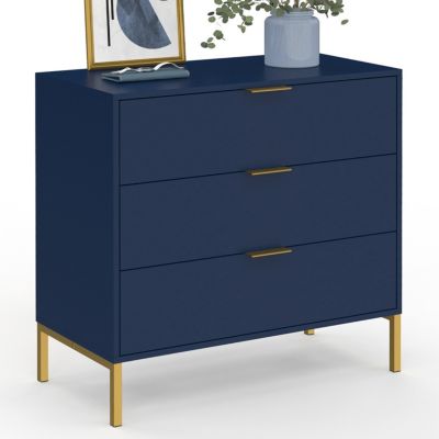 Commode 3 tiroirs BLENIA 80 cm bleu nuit et finitions dorées