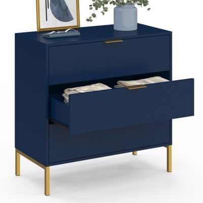 Commode 3 tiroirs BLENIA 80 cm bleu nuit et finitions dorées