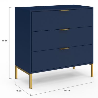Commode 3 tiroirs BLENIA 80 cm bleu nuit et finitions dorées