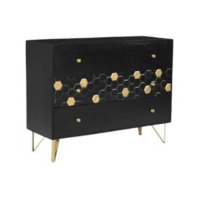 Commode 3 tiroirs - Bois de manguier et métal - Noir et doré - BELORI
