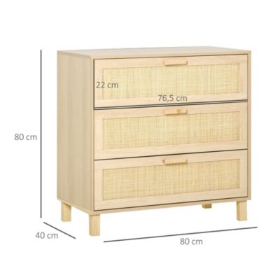 Commode 3 tiroirs cannage en rotin dim. 80L x 40l x 80H cm MDF aspect bois clair