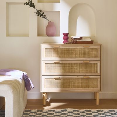 Commode 3 tiroirs cannage et décor bois CAMARGUE L 80 x P 40 x H 80cm