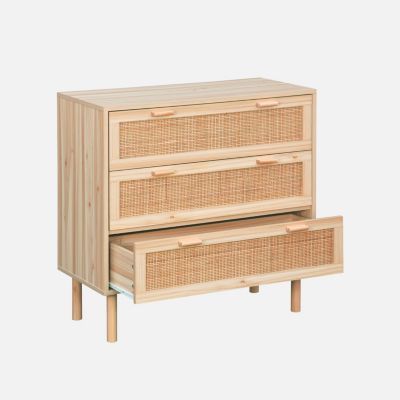 Commode 3 tiroirs cannage et décor bois CAMARGUE L 80 x P 40 x H 80cm
