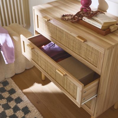 Commode 3 tiroirs cannage et décor bois CAMARGUE L 80 x P 40 x H 80cm