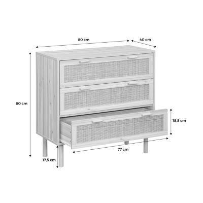 Commode 3 tiroirs cannage et décor bois CAMARGUE L 80 x P 40 x H 80cm