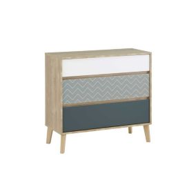 Commode 3 tiroirs Chêne blond/Bleu/Blanc - ESMEY