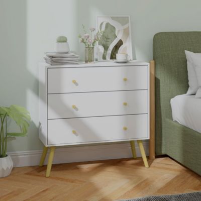 Commode 3 tiroirs design scandinave piètement effilé incliné bois pin panneaux blanc