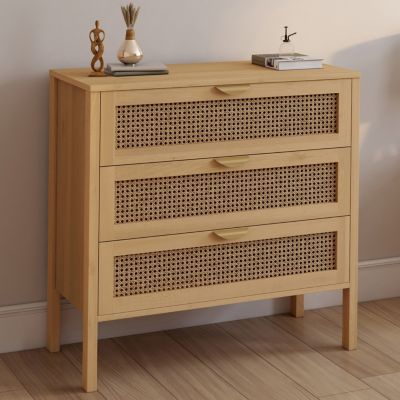 Commode 3 tiroirs EDHEN 80 cm cannage coloris bois