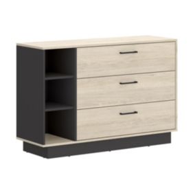 Commode 3 tiroirs et 3 niches - Coloris : Naturel et anthracite - LEANDRE