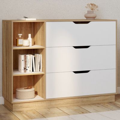 Commode 3 tiroirs et 3 niches OXANA hêtre et blanc