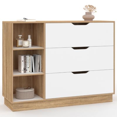 Commode 3 tiroirs et 3 niches OXANA hêtre et blanc