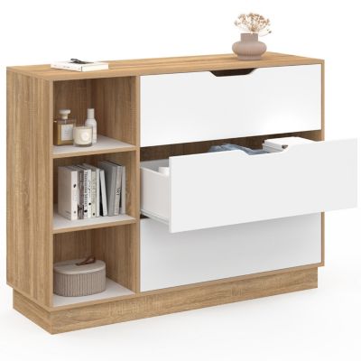 Commode 3 tiroirs et 3 niches OXANA hêtre et blanc