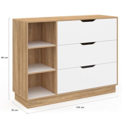 Commode 3 tiroirs et 3 niches OXANA hêtre et blanc