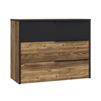 Commode 3 tiroirs H. 80 cm décor bois d'épicéa et noir mat - CELIA