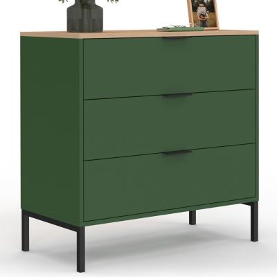 Commode 3 tiroirs KELIA 80 cm vert kaki et plateau bois
