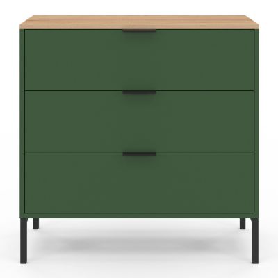 Commode 3 tiroirs KELIA 80 cm vert kaki et plateau bois