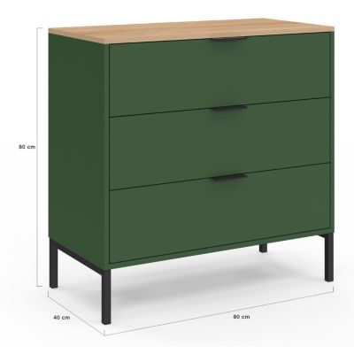 Commode 3 tiroirs KELIA 80 cm vert kaki et plateau bois
