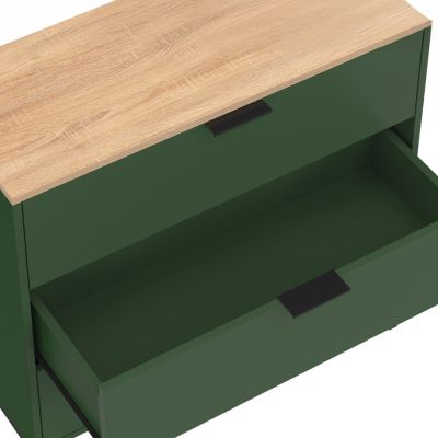 Commode 3 tiroirs KELIA 80 cm vert kaki et plateau bois