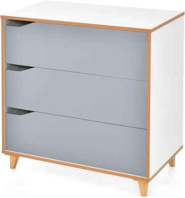 Commode à 3 Tiroirs Poignée Encastrée Pieds en Bois Hévéa Dispositif Anti basculement Gris