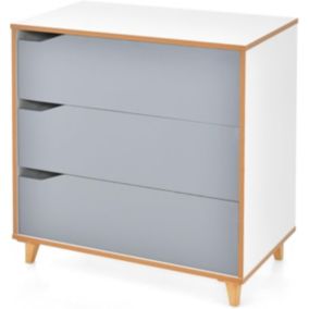 Commode à 3 Tiroirs Poignée Encastrée Pieds en Bois Hévéa Dispositif Anti basculement Gris