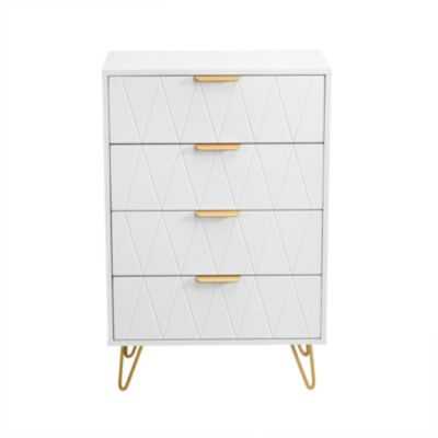 Commode à 4 Tiroirs, 60 X 34 X 90 Cm Commode Chambre, Poignées Et Pieds En Mmétal, Blanc