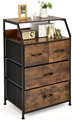 Commode 4 Tiroirs avec 2 Étagères-Tour de Rangement avec Cadre en Métal-Tiroirs en Tissu-Dispositif Anti-basculement-Brun