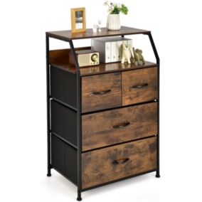Commode 4 Tiroirs avec 2 Étagères-Tour de Rangement avec Cadre en Métal-Tiroirs en Tissu-Dispositif Anti-basculement-Brun