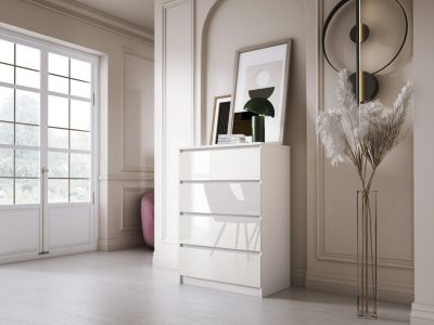Commode 4 Tiroirs, Blanc Mat / Blanc Brillant, 70 X 39 X 101 Cm