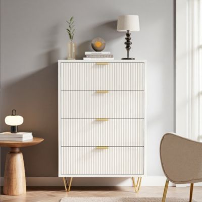 Commode 4 tiroirs blanche avec façade à motif ondulé, poignées dorées et pieds en métal, style moderne, grand espace de rangement