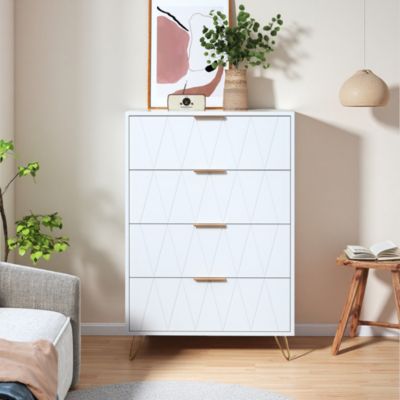 Commode 4 tiroirs blanche avec façades à motif losange en relief, panneaux mélaminés, grande capacité de rangement et robuste