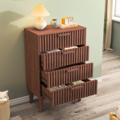 Commode 4 tiroirs couleur noyer, meuble de rangement design à rainures verticales, style moderne pour chambre ou salon