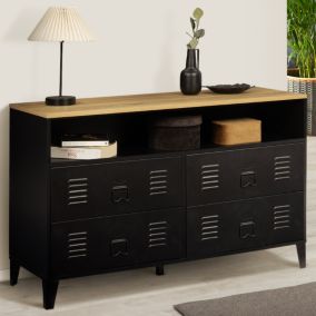 Commode 4 tiroirs ESTER 115 cm métal noir et plateau façon hêtre avec niche design industriel
