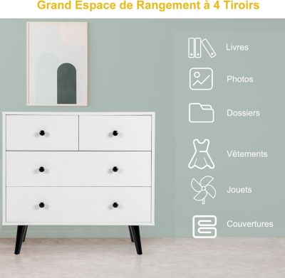 Commode à 4 Tiroirs Meuble de Rangement avec Dispositif Anti basculement 4 Tiroirs en Bois Chambre à Coucher Naturel