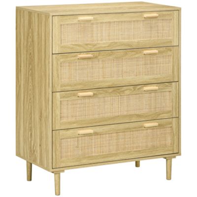 Commode 4 tiroirs style bohème chic - dim. 90L x 45l x 108,5H cm - façades tiroirs cannage rotin aspect chêne clair