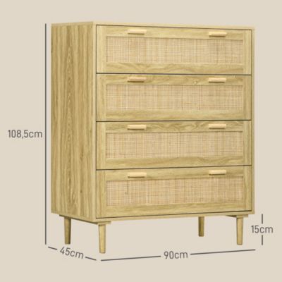 Commode 4 tiroirs style bohème chic - dim. 90L x 45l x 108,5H cm - façades tiroirs cannage rotin aspect chêne clair