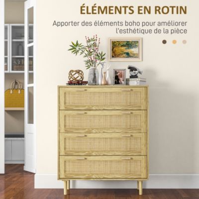 Commode 4 tiroirs style bohème chic - dim. 90L x 45l x 108,5H cm - façades tiroirs cannage rotin aspect chêne clair