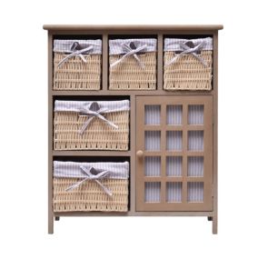 Commode 5 Paniers 1 Porte Bois Osier Beige Country 70x60x30