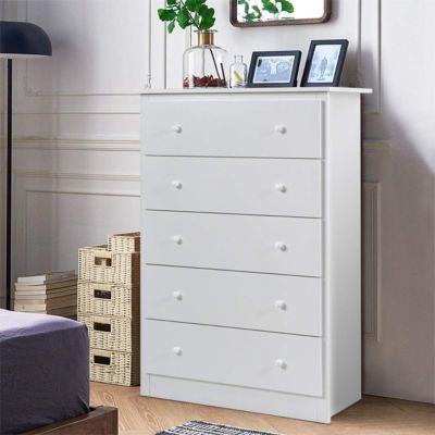 Commode à 5 Tiroirs Armoire Haute de Rangement en Bois avec Kit Anti basculement Poignées Tiroirs Faciles à Tirer