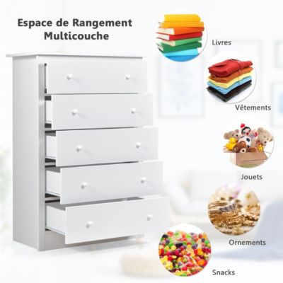 Commode à 5 Tiroirs Armoire Haute de Rangement en Bois avec Kit Anti basculement Poignées Tiroirs Faciles à Tirer