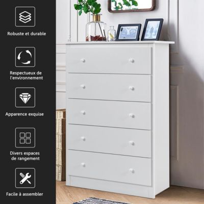 Commode à 5 Tiroirs Armoire Haute de Rangement en Bois avec Kit Anti basculement Poignées Tiroirs Faciles à Tirer