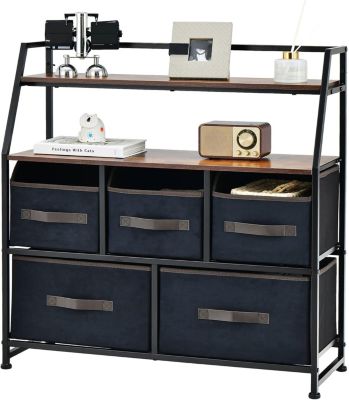 Commode à 5 Tiroirs avec 2 Étagères Ouvertes Meuble de Rangement avec Tiroirs en Tissu Cadre en Métal Robuste