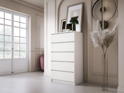 Commode 5 Tiroirs, Blanc Mat 70 X 39 X 125 Cm