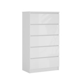 Commode 5 Tiroirs, Blanc Mat / Blanc Brillant, 70 X 39 X 125 Cm