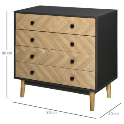 Commode 5 tiroirs design scandinave graphique dim. 80L x 40l x 80H cm panneaux de particules gris foncé chêne clair