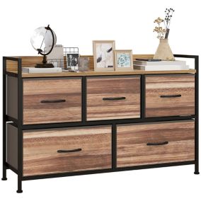 Commode 5 tiroirs et étagère - dim. 98L x 29l x 63H cm - châssis piètement métal noir tiroirs non tissés façades aspect bois